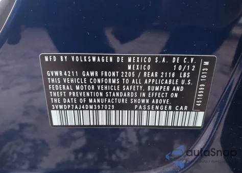 2013 Volkswagen Jetta Se from USA, damaged, VIN 3VWDP7AJ4DM397029